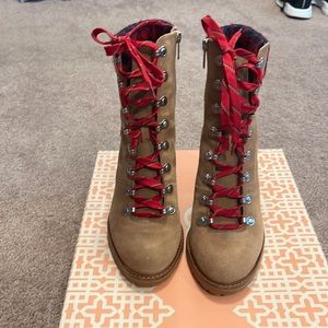 Mapped-Out Suede and Plaid Print Lace Up Lug Sole Combat Booties